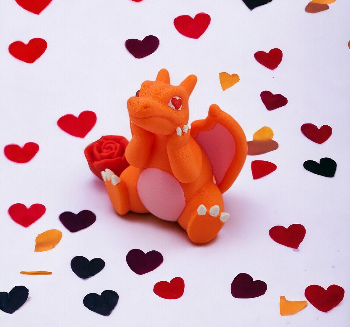 Valentine Charizard With Heart Eyes - Valentine's Day Gift For Her - Pokemon Rose Petal Action Figure - 3D Printed Charmander Chameleon Toy